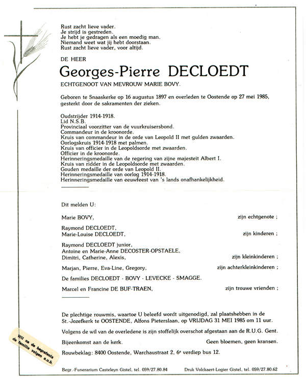 Overlijdensbrief Georges Decloedt